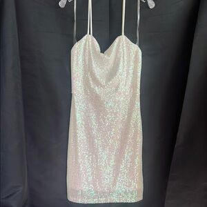 White Sequin Mini Dress with Spaghetti Straps